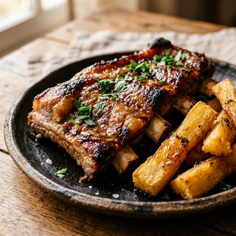 Costelinha de porco assada com mandioca