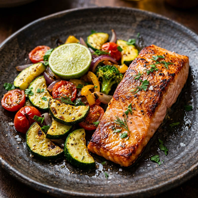 Salmão grelhado com legumes