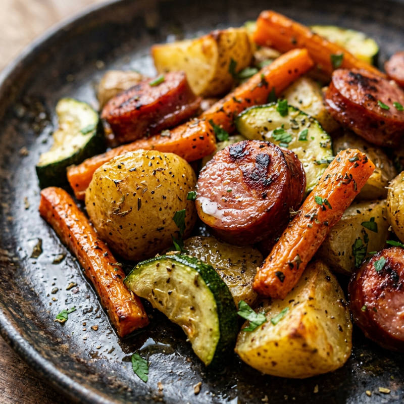 Legumes assados com linguiça na assadeira