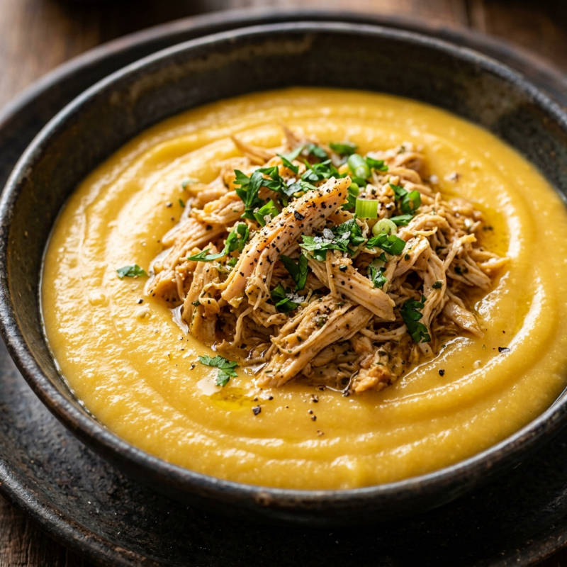 Creme de mandioquinha com frango desfiado