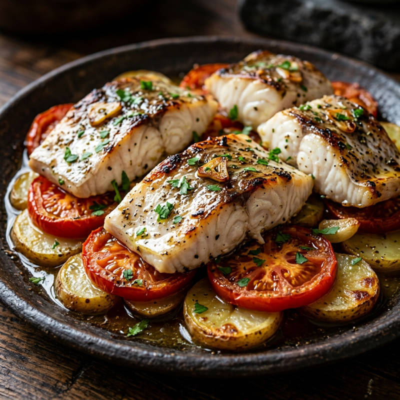 Peixe assado com tomate e batata