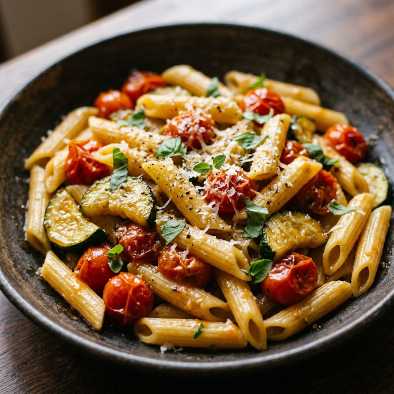 Penne com abobrinha e tomate cereja