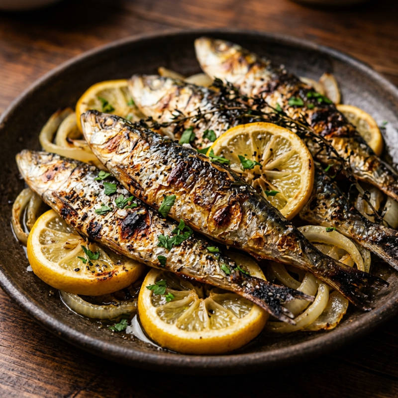 Sardinha assada com limão e cebola