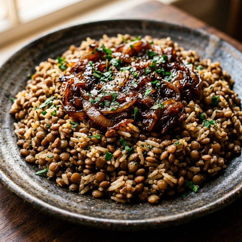 Lentilha com arroz e cebola caramelizada