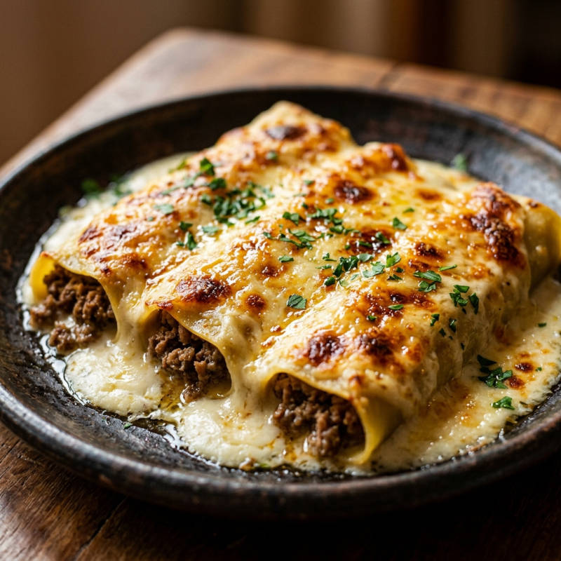 Canelone de carne com molho branco