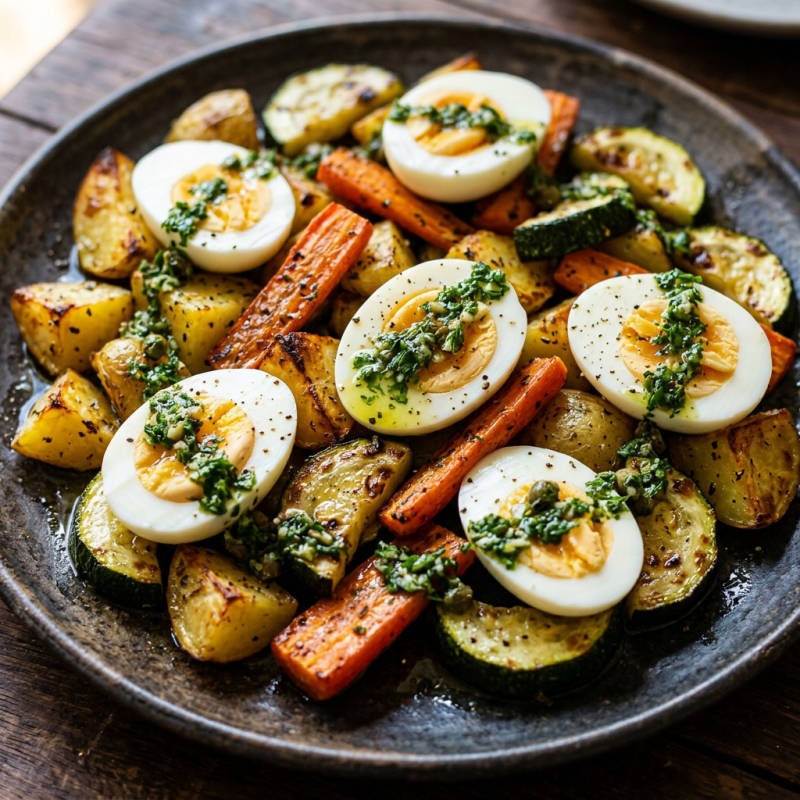 Legumes assados com ovo e molho de ervas