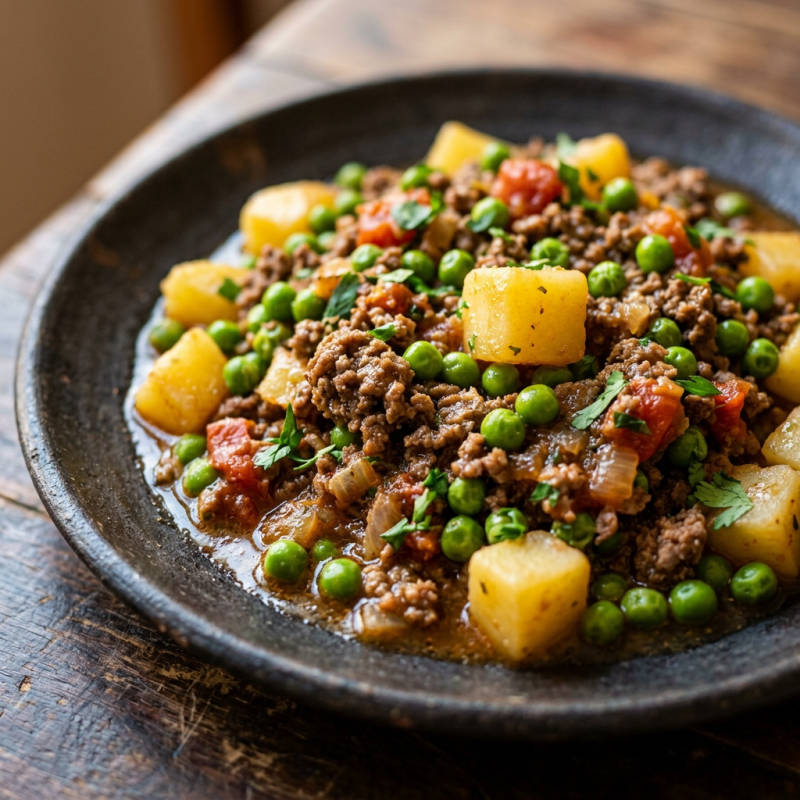 Carne moída com ervilha e batata