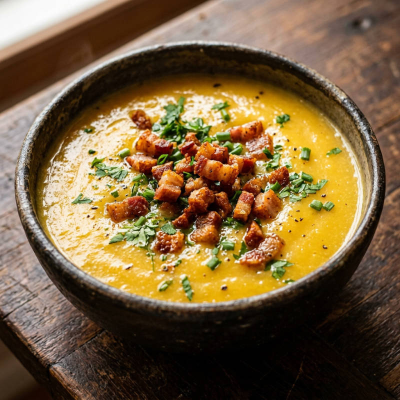 Caldo de mandioquinha com bacon