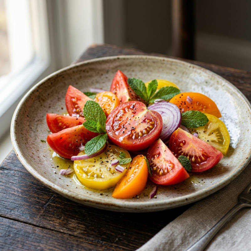 Salada de tomate com cebola e hortelã