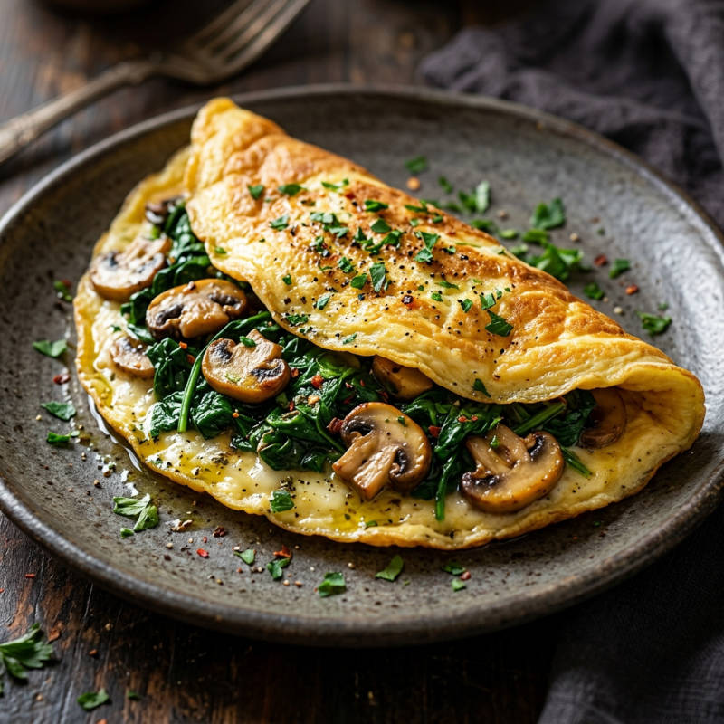 Omelete recheada de espinafre e cogumelo