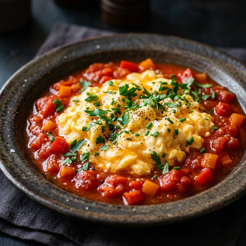 Ovos mexidos com tomate e pimentão