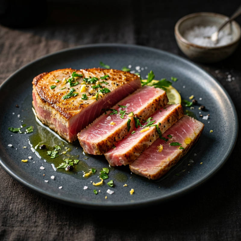 Atum fresco grelhado com molho de limão e ervas