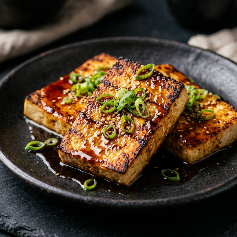 Tofu grelhado com molho de shoyu e gengibre