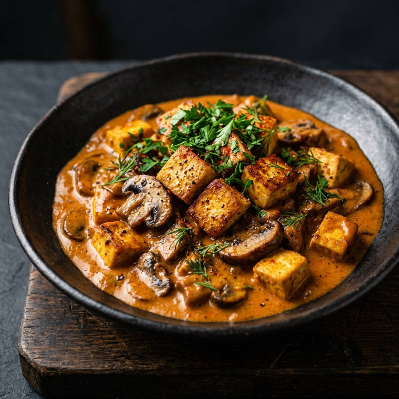 Estrogonofe de tofu com leite de coco