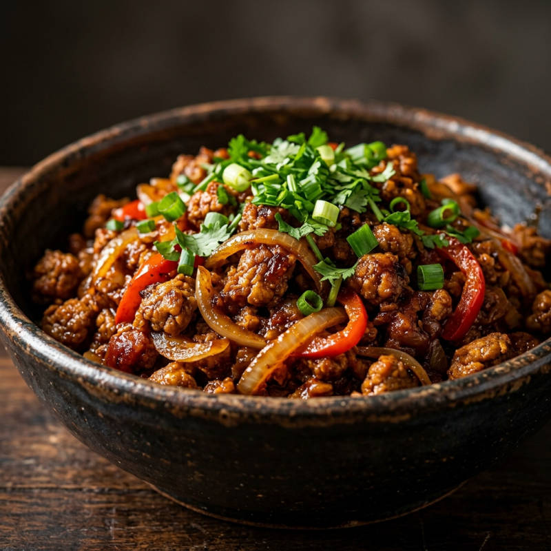 Carne de soja refogada com cebola e pimentão
