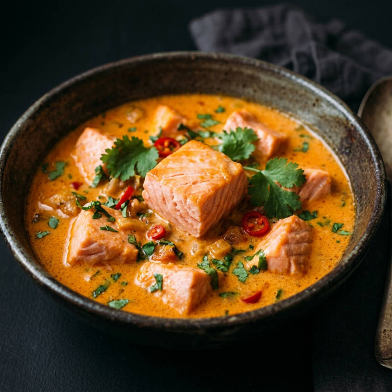 Curry de salmão com leite de coco