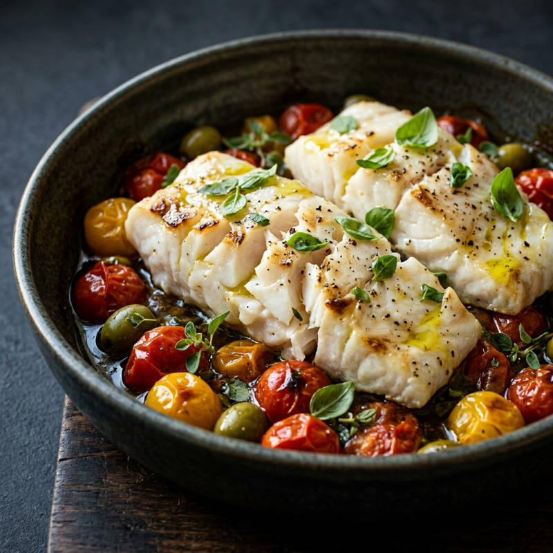 Peixe branco assado com azeitonas e ervas