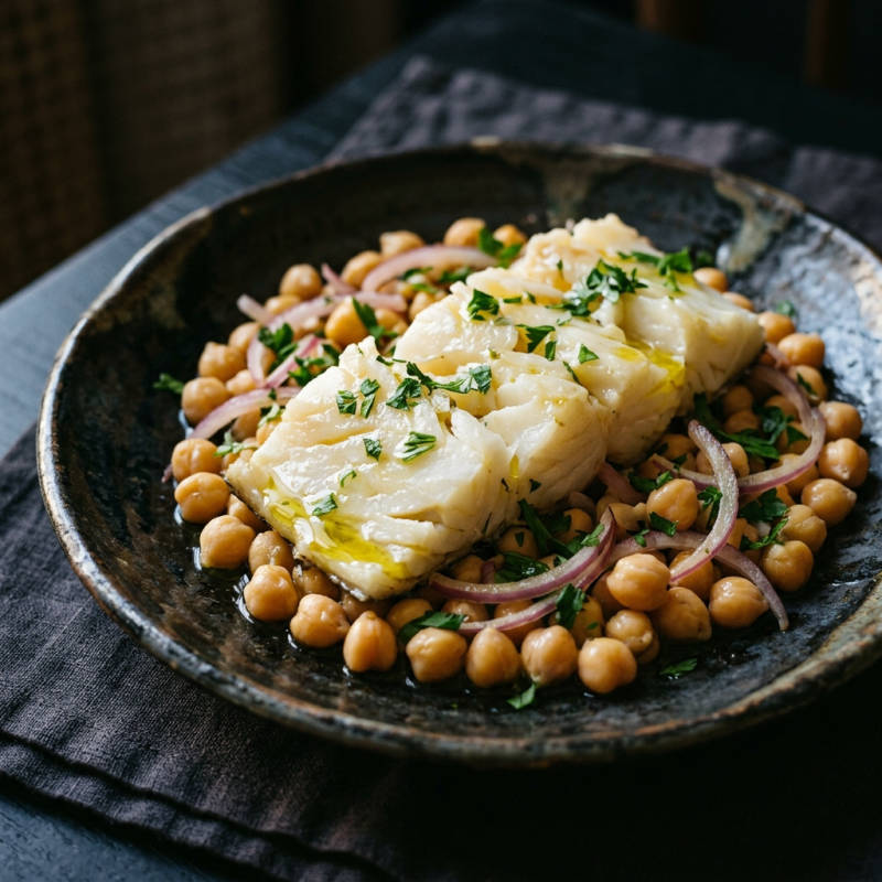Salada morna de bacalhau com grão-de-bico