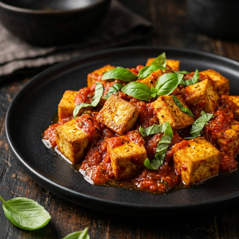 Tofu ao molho de tomate e manjericão
