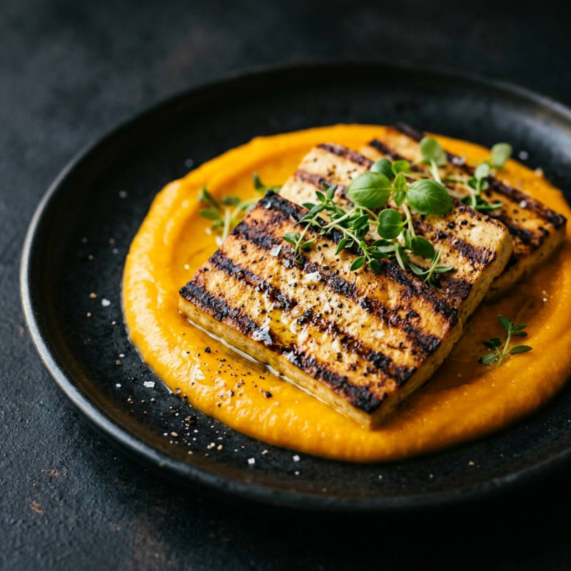 Tofu grelhado com purê de abóbora