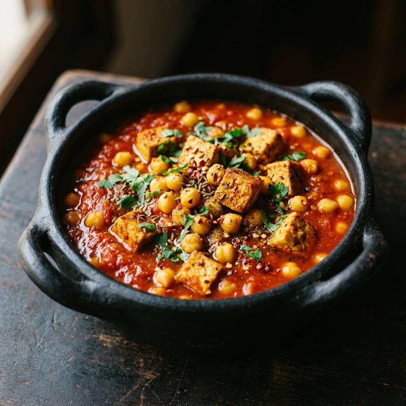 Grão-de-bico picante com tofu e tomate