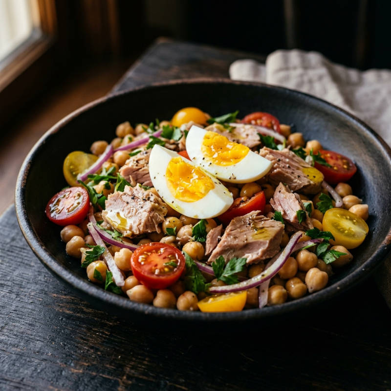 Salada de grão-de-bico com atum e ovo cozido