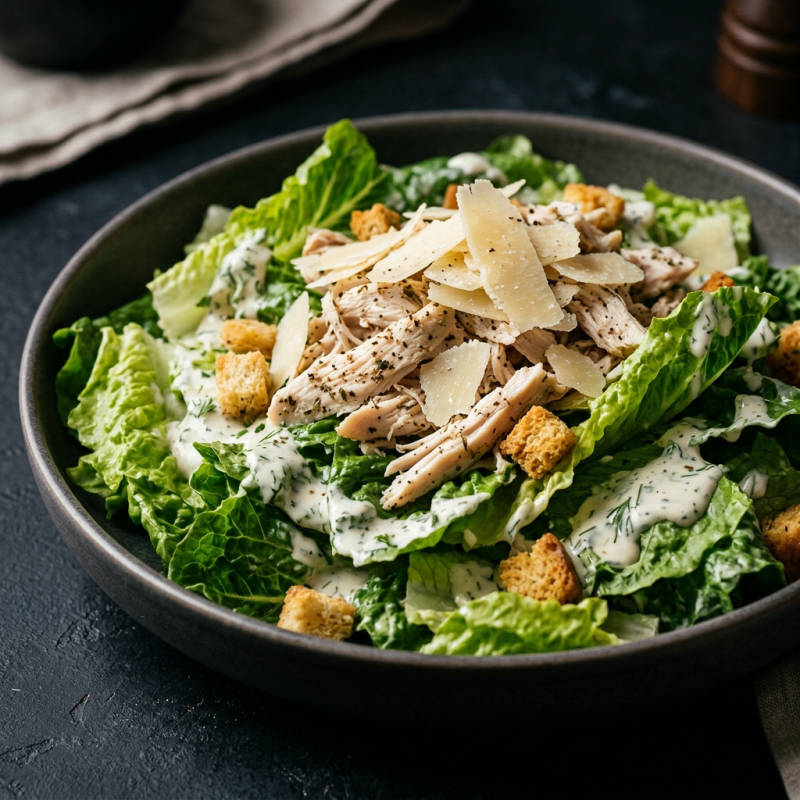 Salada caesar com frango desfiado