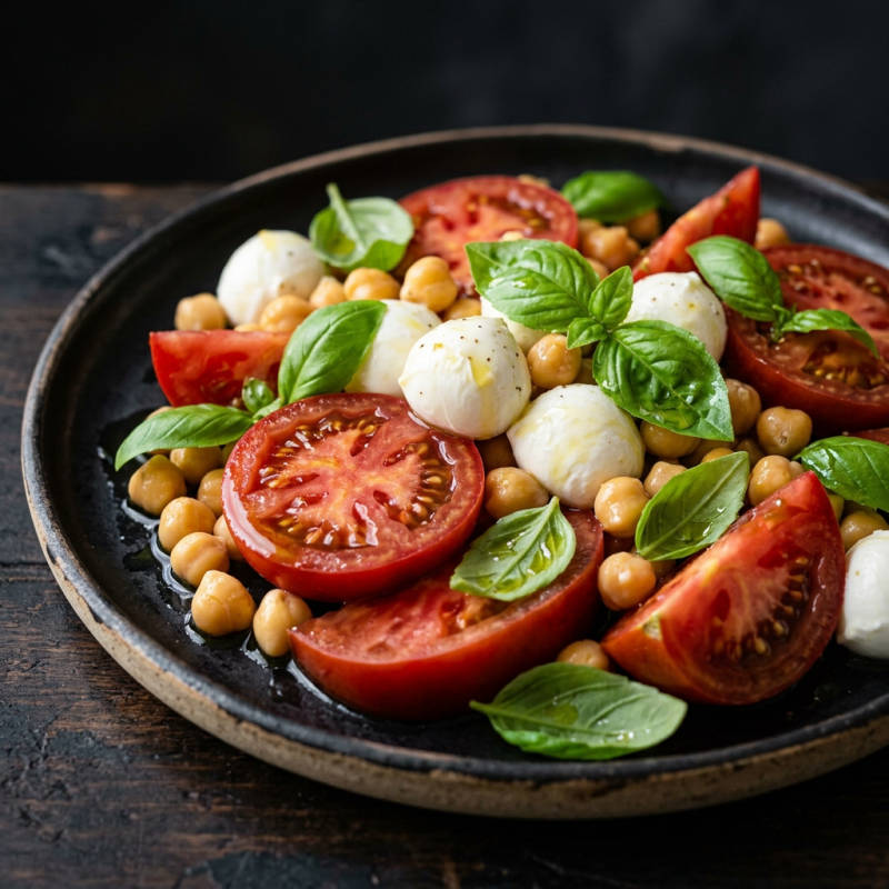 Salada caprese com grão-de-bico e manjericão