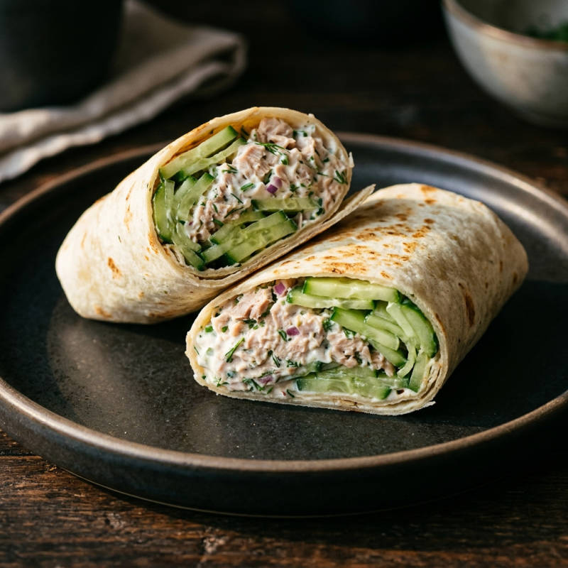 Wrap frio de atum com iogurte e pepino