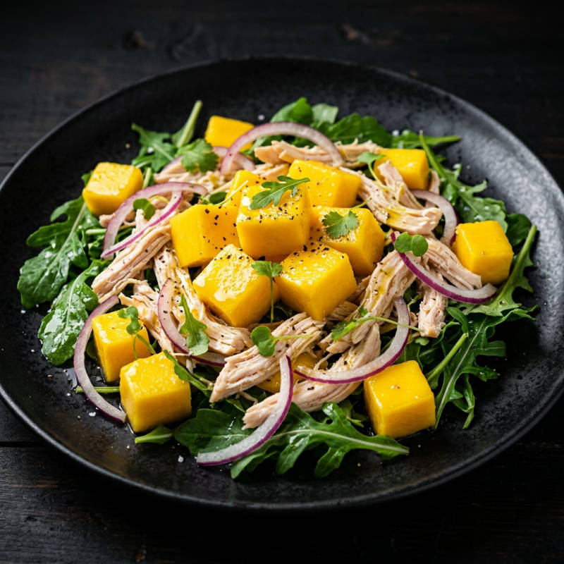 Salada tropical de frango desfiado com manga