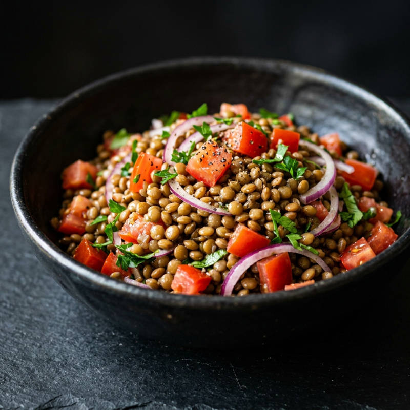 Salada de lentilha com tomate e cebola roxa