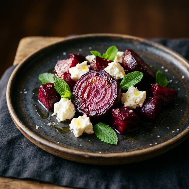 Salada de beterraba assada com queijo e hortelã