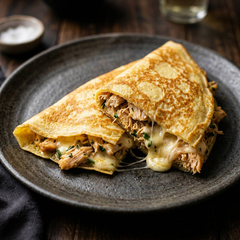 Panqueca recheada com frango desfiado de sobra
