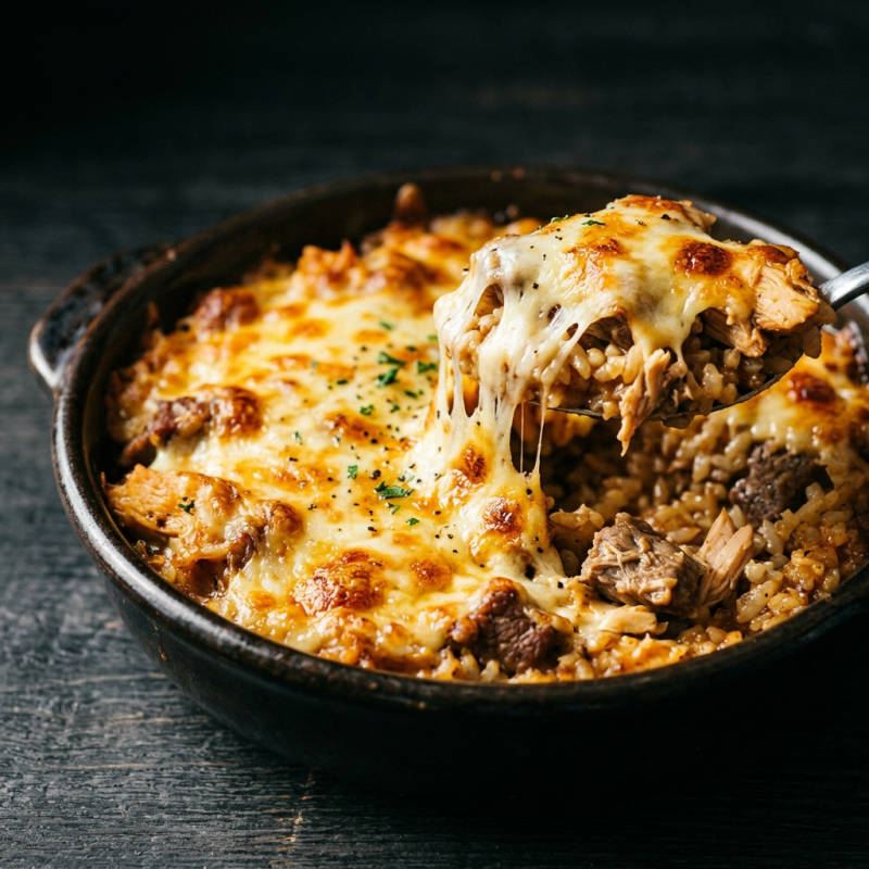Arroz de forno com queijo e sobras de proteína