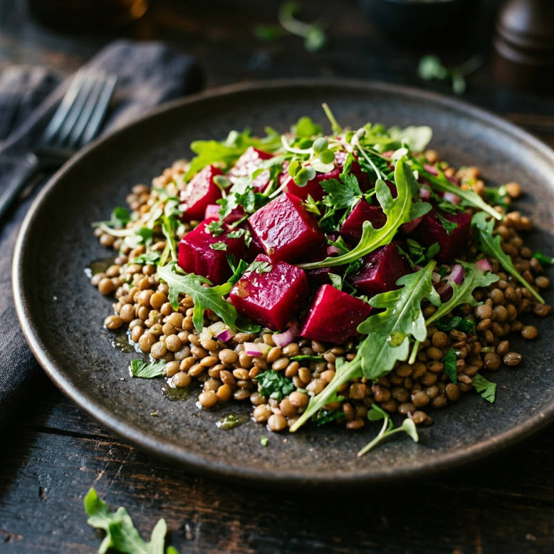 Salada de lentilha com beterraba e rúcula