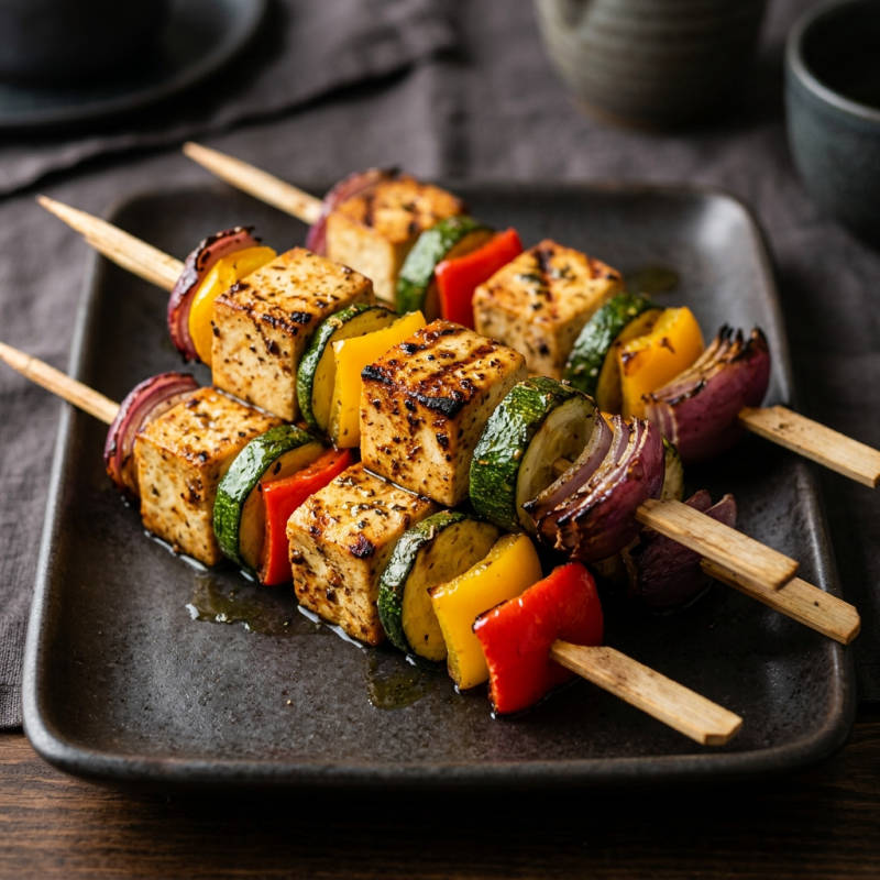 Espetinho de tofu e legumes assados