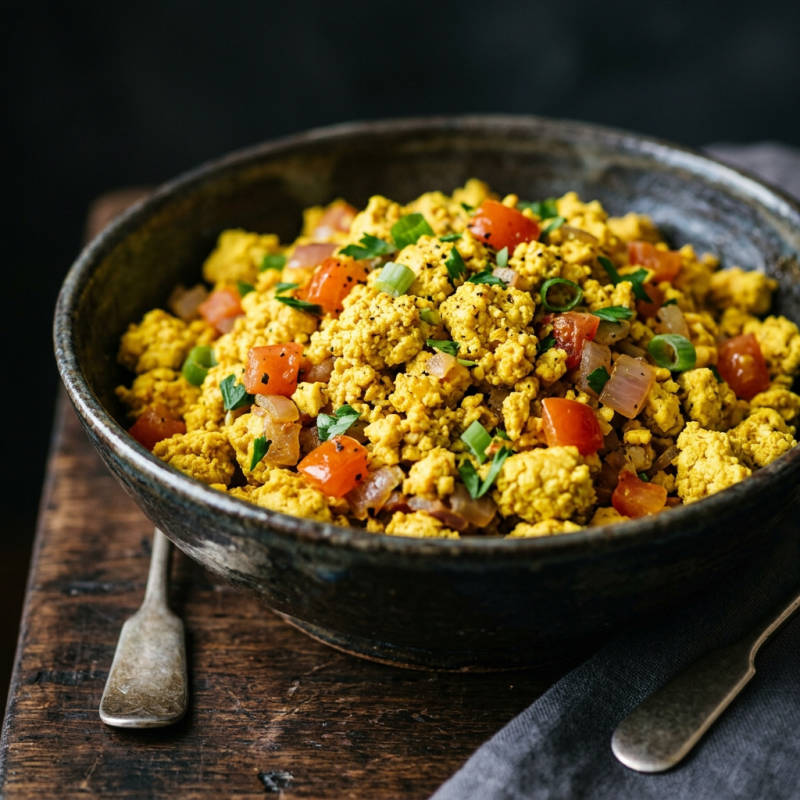 Tofu mexido com tomate e cúrcuma