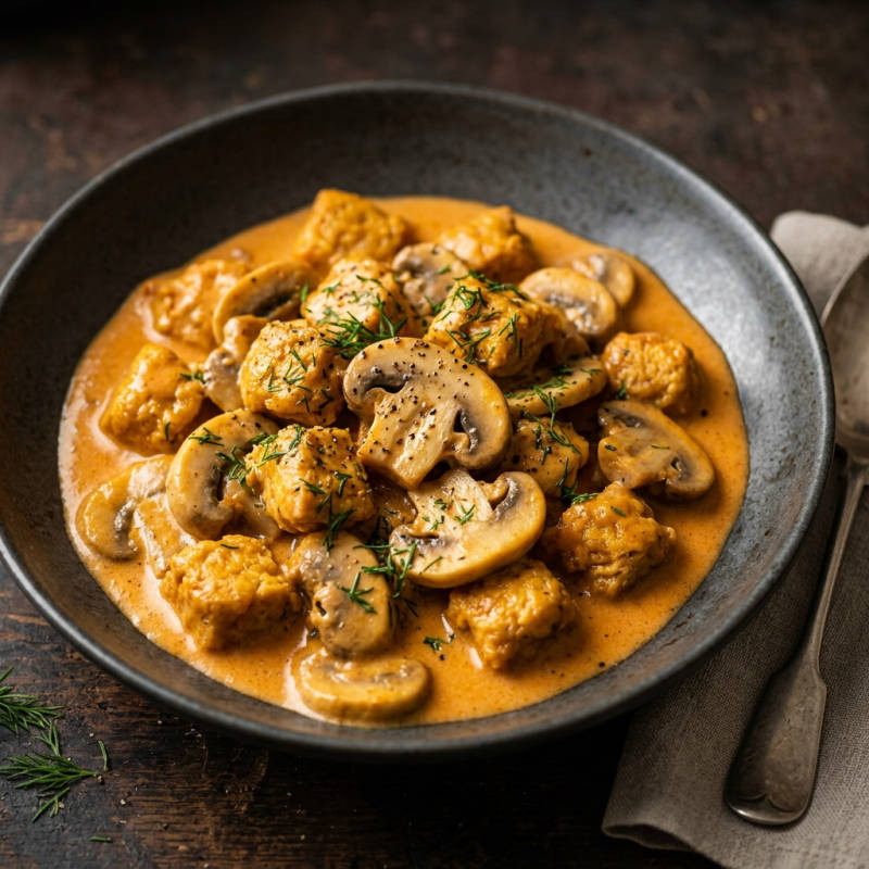 Estrogonofe vegano de PTS com leite de coco