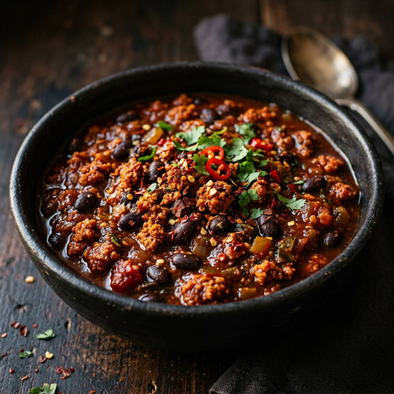 Chili vegano de PTS com feijão-preto