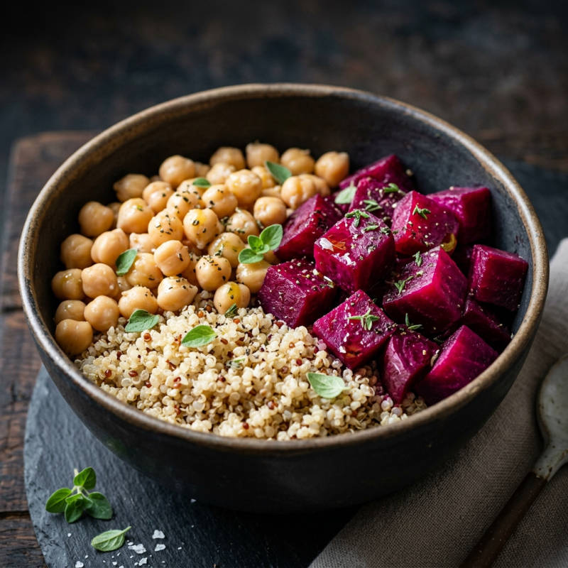 Bowl de quinoa com grão-de-bico e beterraba assada