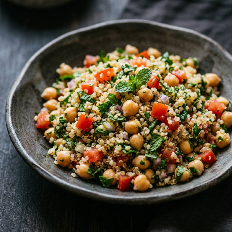 Tabule de quinoa com grão-de-bico e hortelã