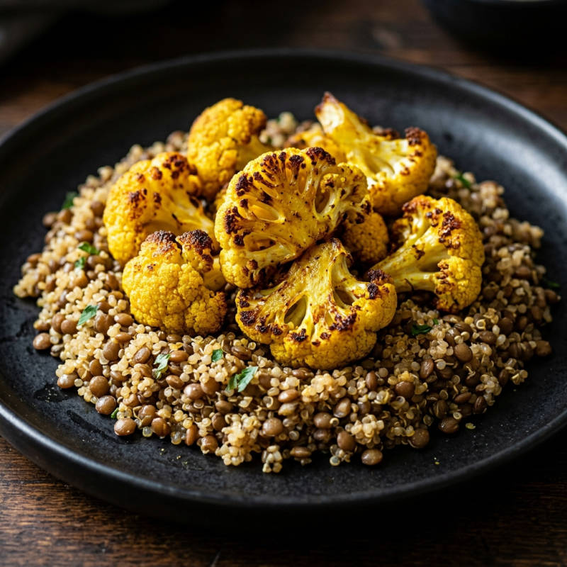 Quinoa com lentilha e couve-flor assada ao curry