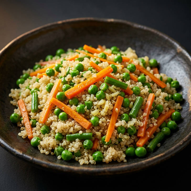 Quinoa com ervilha, legumes salteados e gengibre
