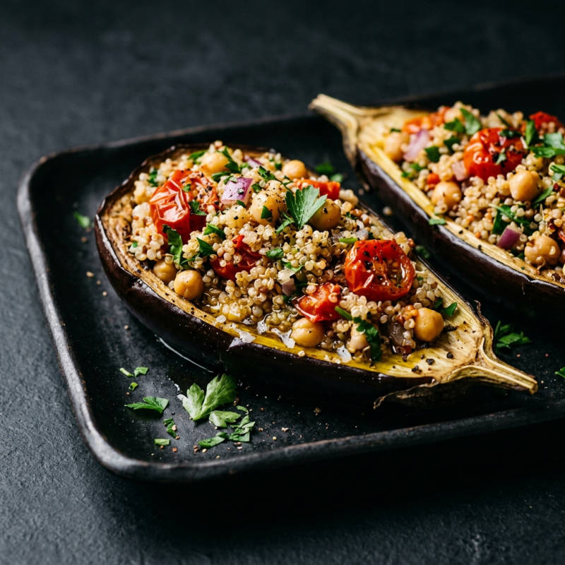 Berinjela recheada com quinoa e grão-de-bico
