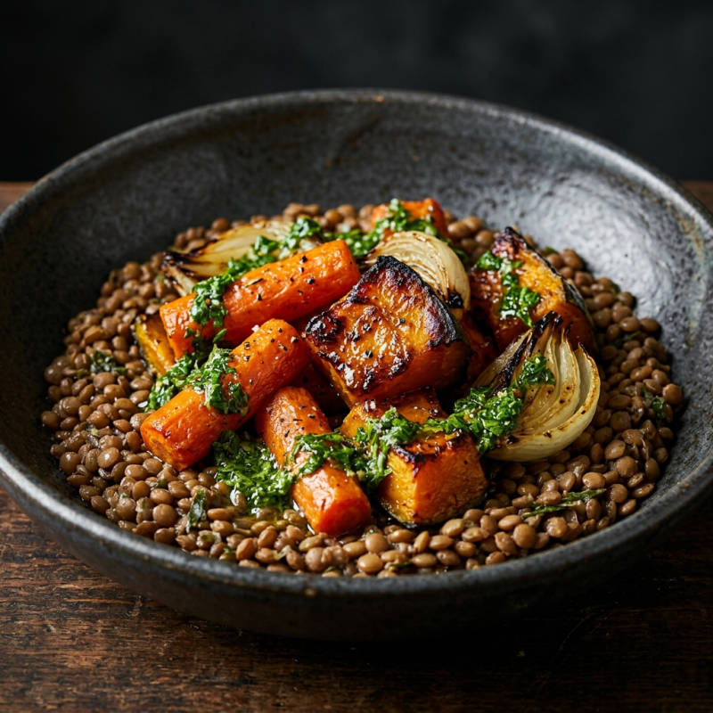 Legumes assados com lentilha e molho de limão