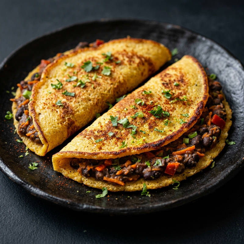 Panqueca de fubá com recheio de feijão e legumes