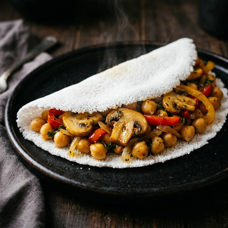 Tapioca recheada com grão-de-bico e legumes
