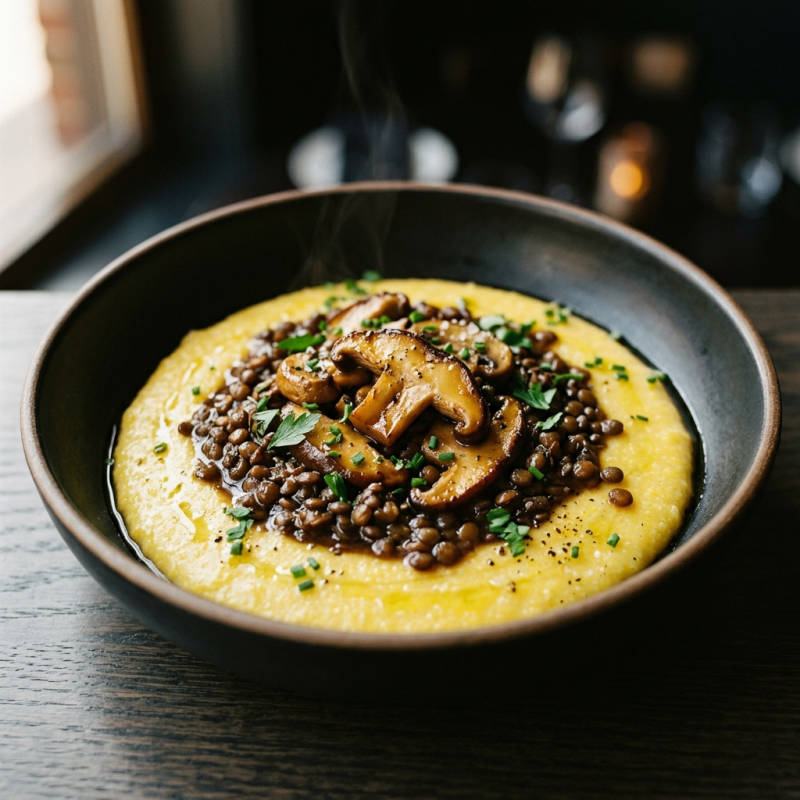 Polenta cremosa com molho de cogumelos e lentilha