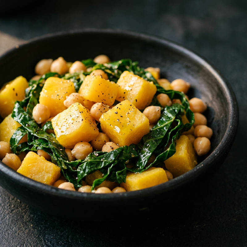 Salada morna de mandioquinha com grão-de-bico e couve
