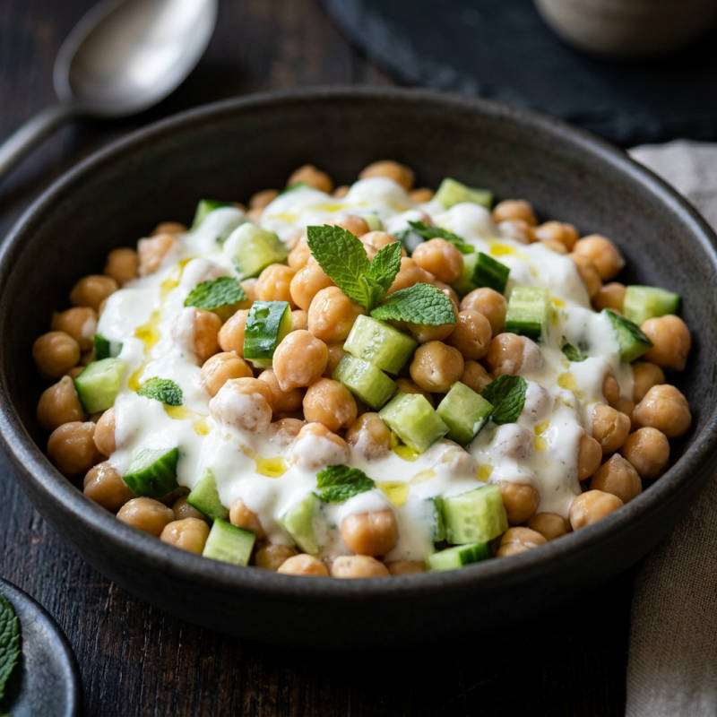 Salada morna de grão-de-bico com molho de iogurte